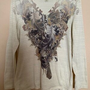 ONE WORLD Live and Let Live Cream and Gray Floral Design Top